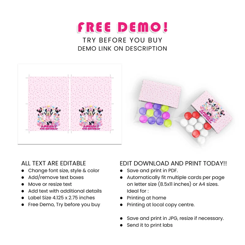 Minnie Mouse Treat Bag Topper Label Printable Digital Download