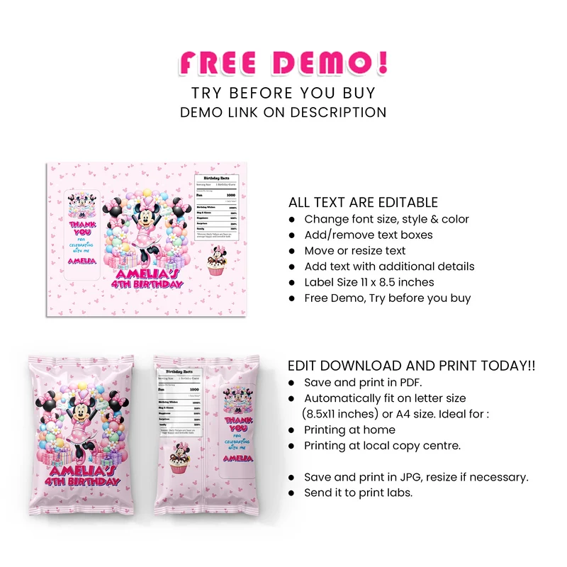 Minnie Mouse Chips Bag Label Printable Digital Download