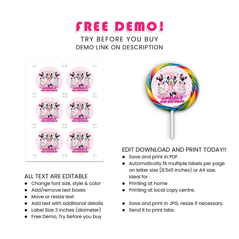 Minnie Mouse Lollipop Label Printable Digital Download