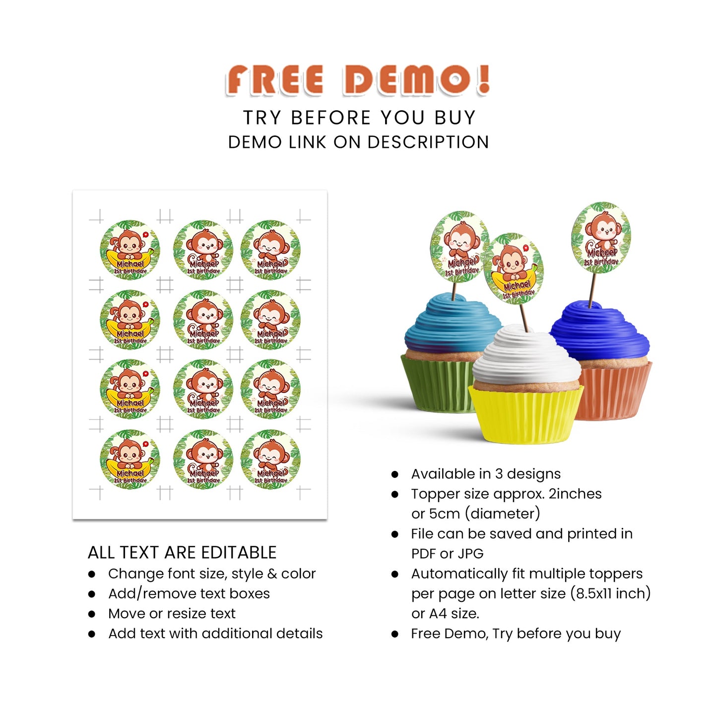 Adorable Little Monkey - Personalized Cupcake Toppers for Fun Celebrations