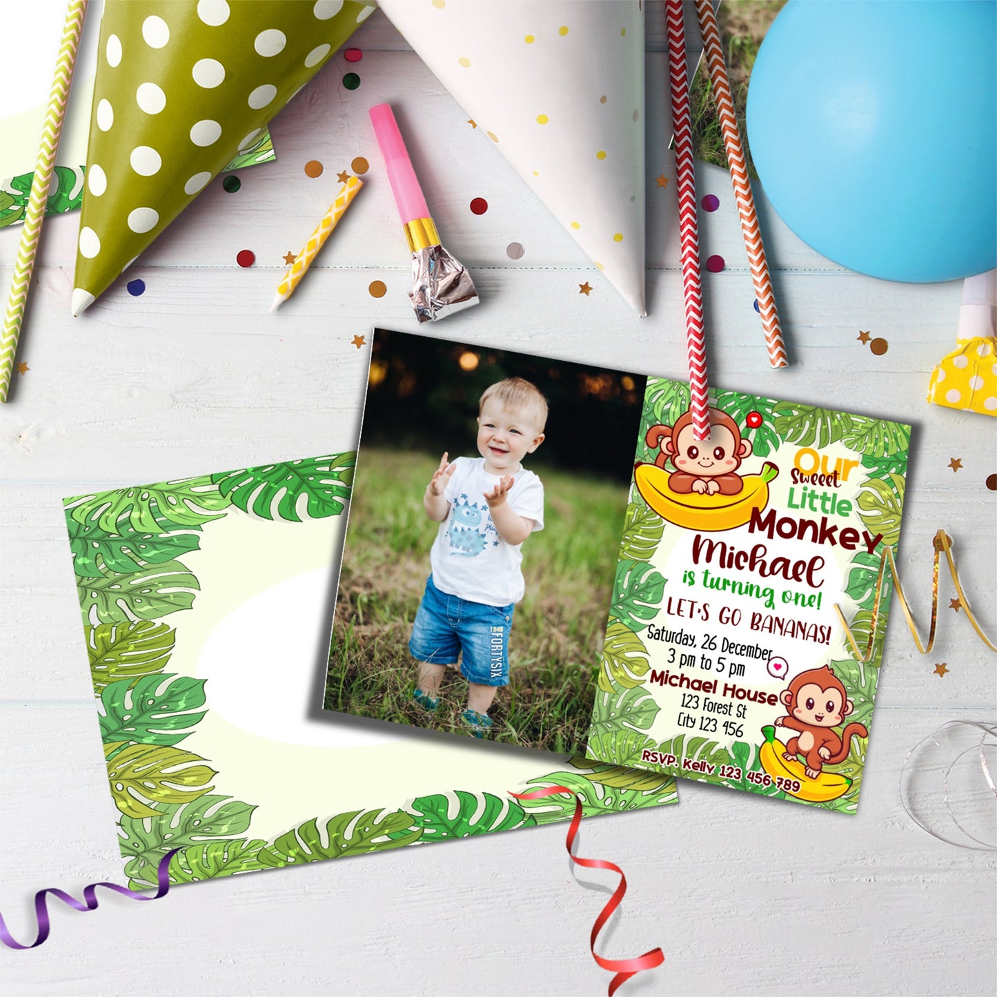 Monkey Birthday Decorations, 1st Birthday Party Supplies, Cute Monkey Themed, Monkey Party Digital Template, Editable Little Monkey Image SVG PNG