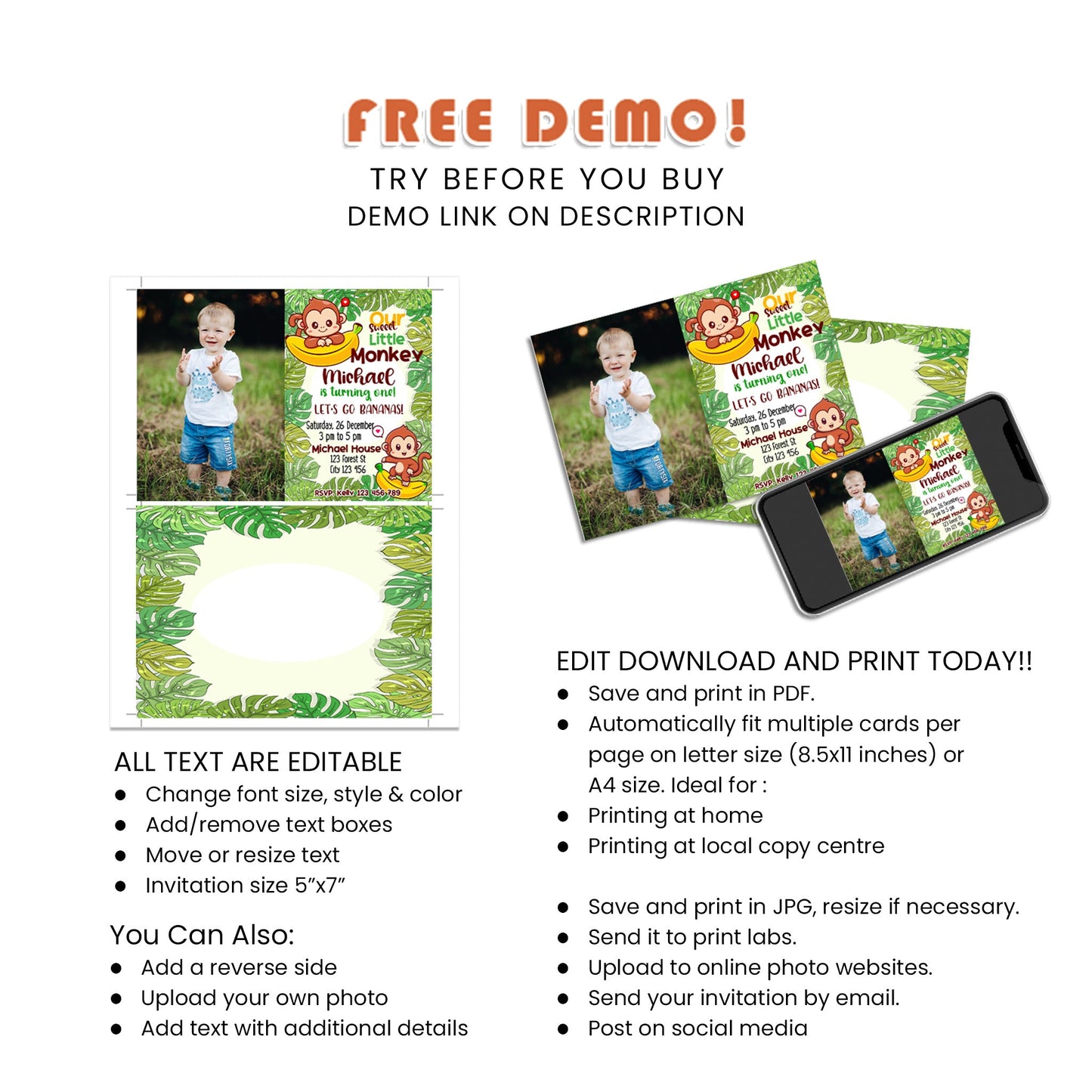 Capture the Moment with Little Monkey - Personalized Photo Card Invitations