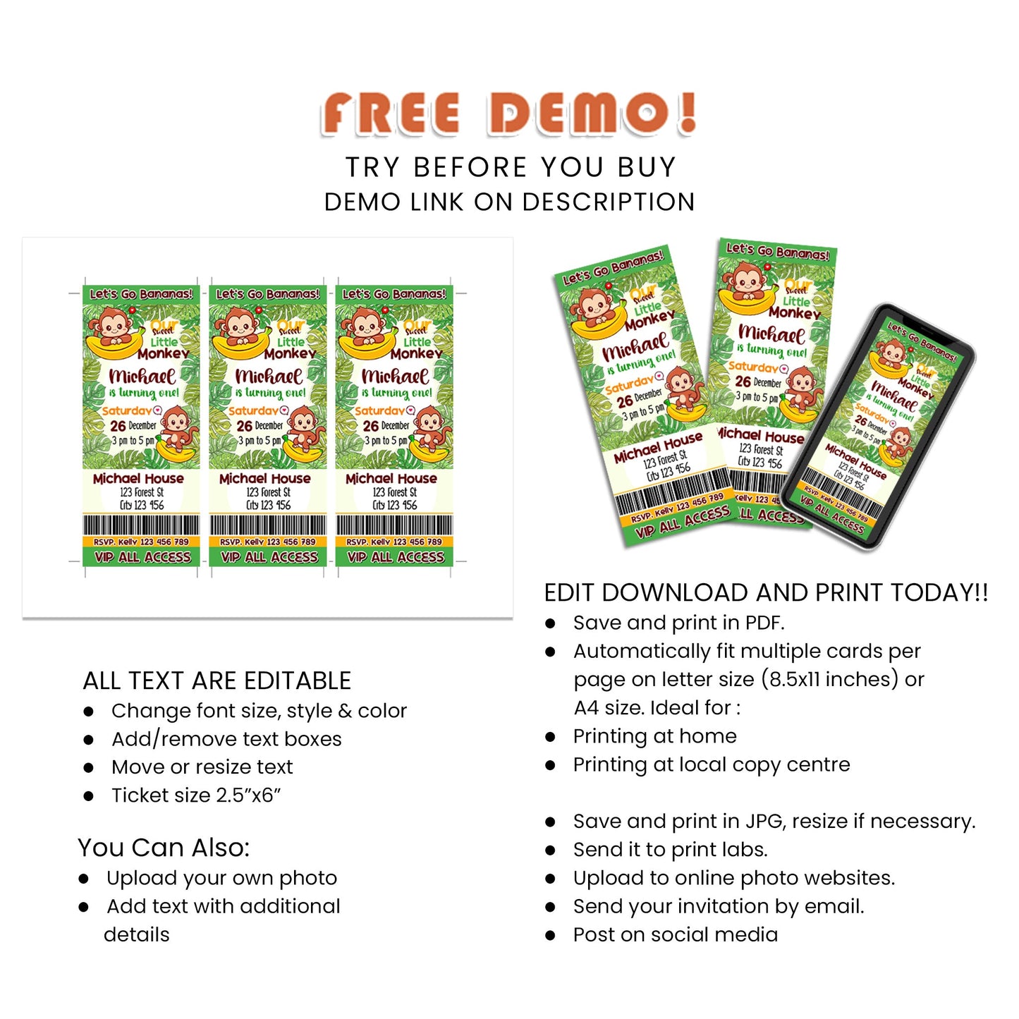 Exclusive Little Monkey - Personalized Birthday Ticket Invitations for Your Event