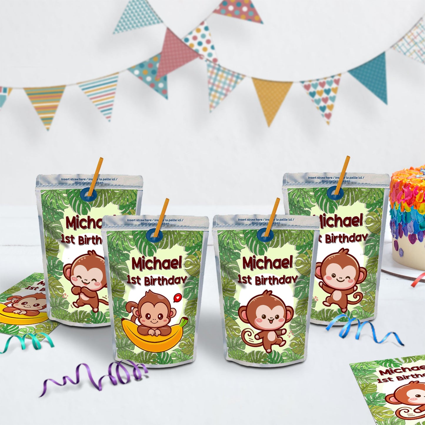 Monkey Birthday Decorations, 1st Birthday Party Supplies, Cute Monkey Themed, Monkey Party Digital Template, Editable Little Monkey Image SVG PNG