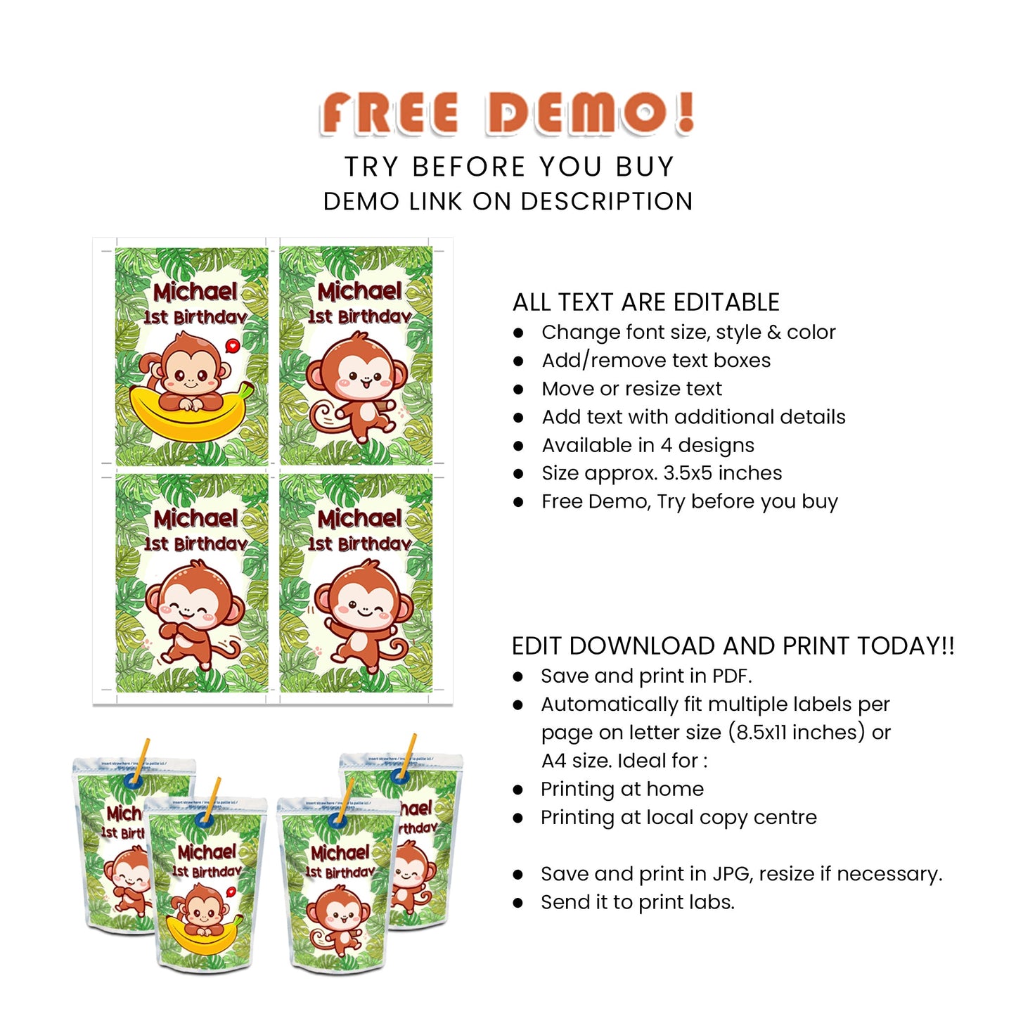 Little Monkey - Personalized Juice Pouch Labels for Refreshing Party Drinks