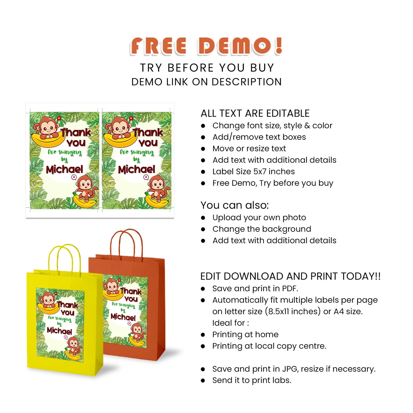 Little Monkey - Personalized Goody Bag Labels for Party Favors