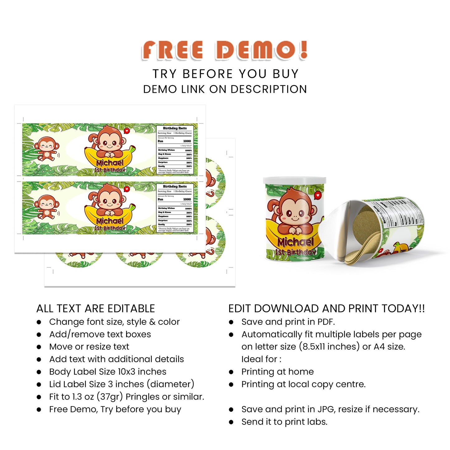 Snack Time Fun with Little Monkey - Custom Small Pringles Labels