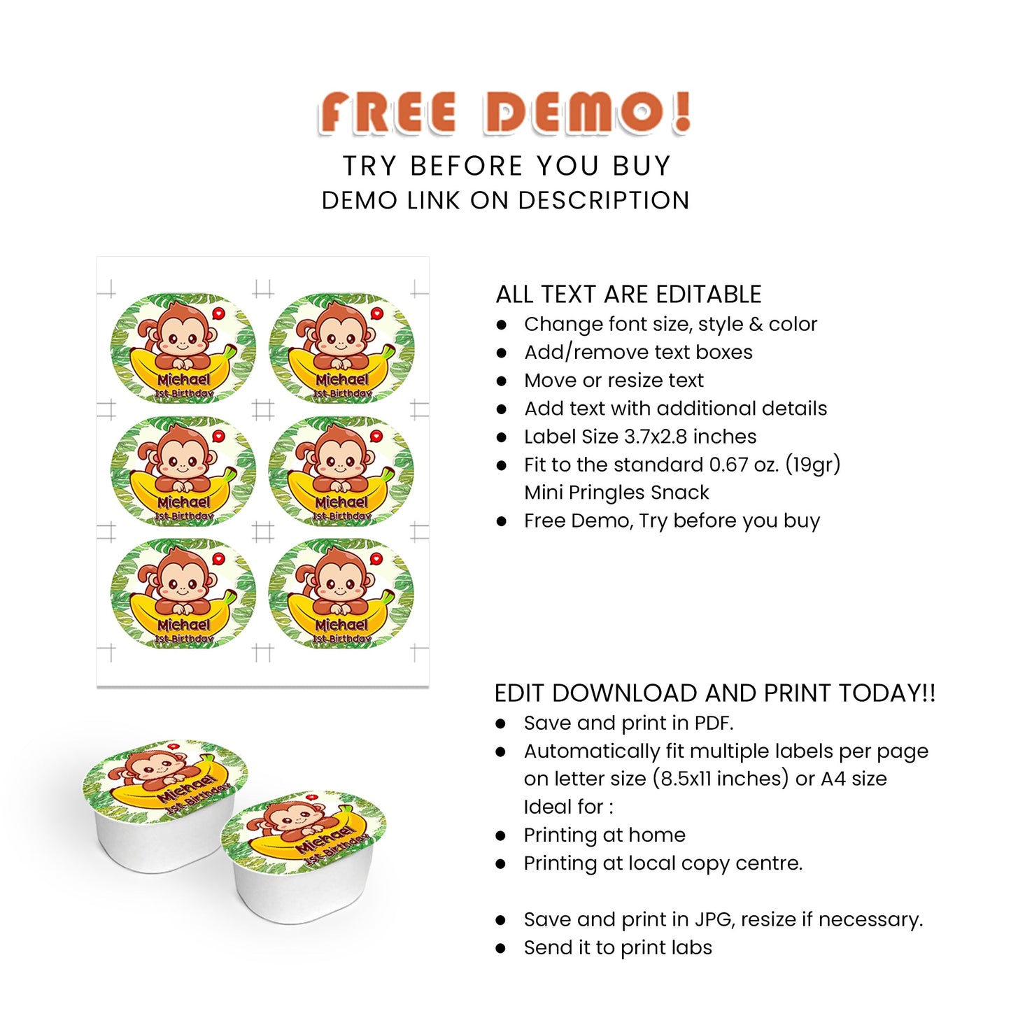 Little Monkey - Mini Pringles Labels for Bite-Sized Treats