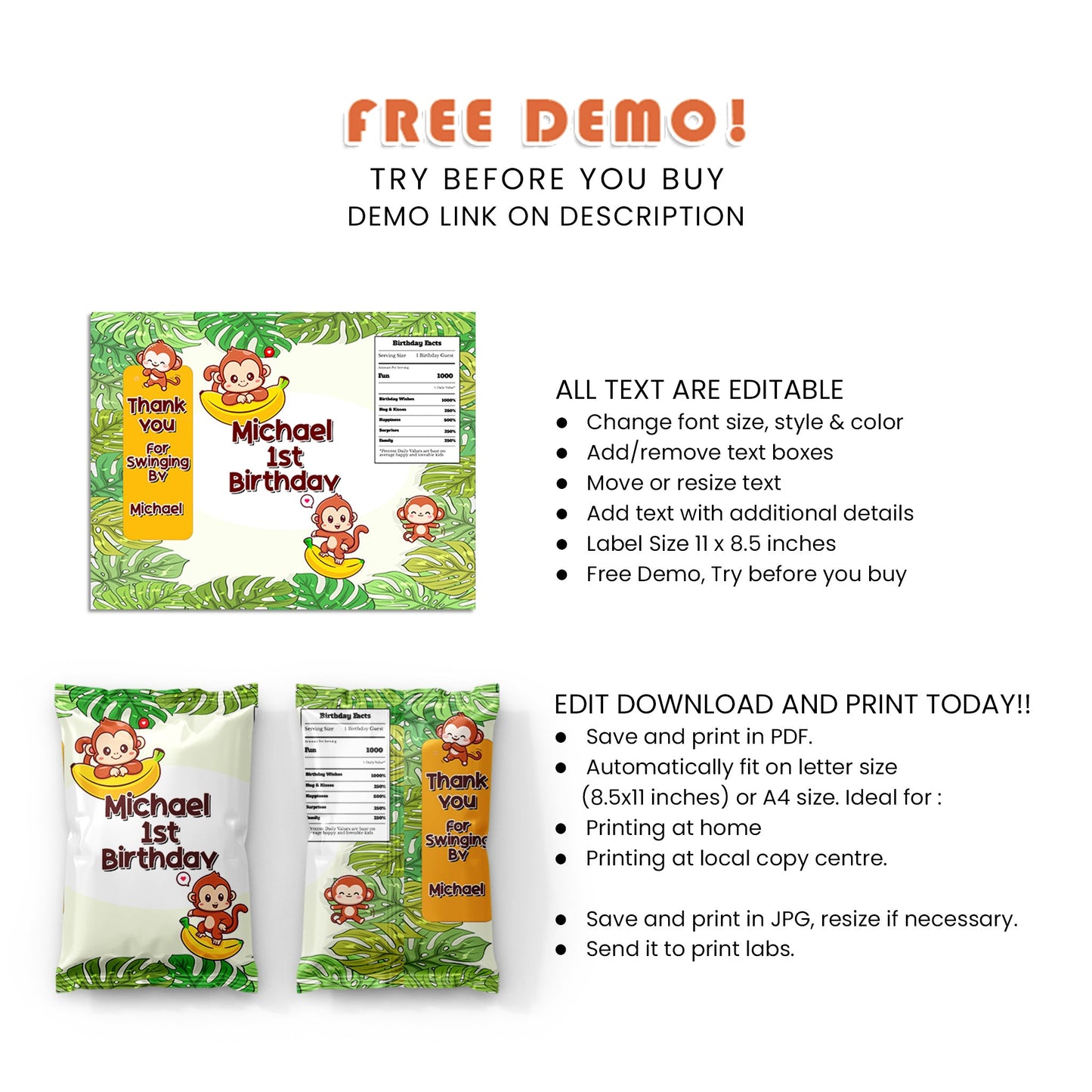 Little Monkey - Custom Chips Bag Labels for Crunchy Delights