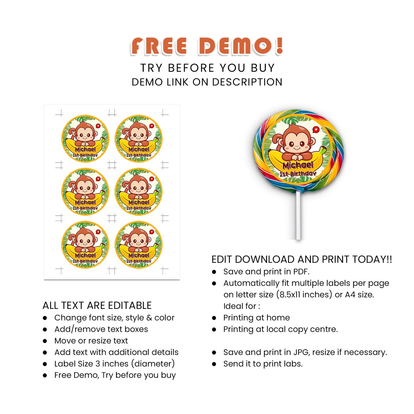 Little Monkey - Personalized Lollipop Labels for Sweet Party Favors