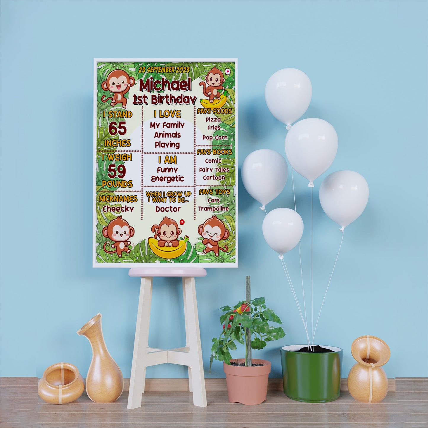 Monkey Birthday Decorations, 1st Birthday Party Supplies, Cute Monkey Themed, Monkey Party Digital Template, Editable Little Monkey Image SVG PNG