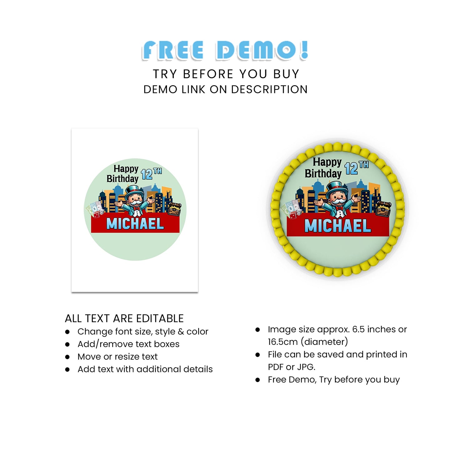 Round Sheet Cake Images with Monopoly Board Game Theme - Personalized