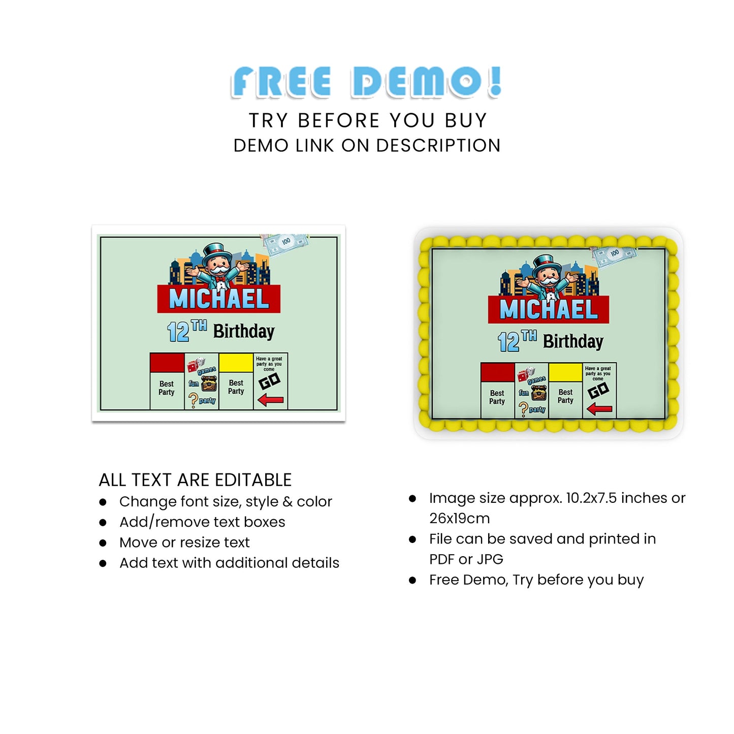 Rectangle Personalized Sheet Cake Images - Monopoly Board Game Design