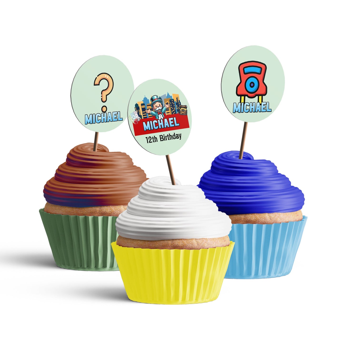 Monopoly Go themed personalized cupcakes toppers
