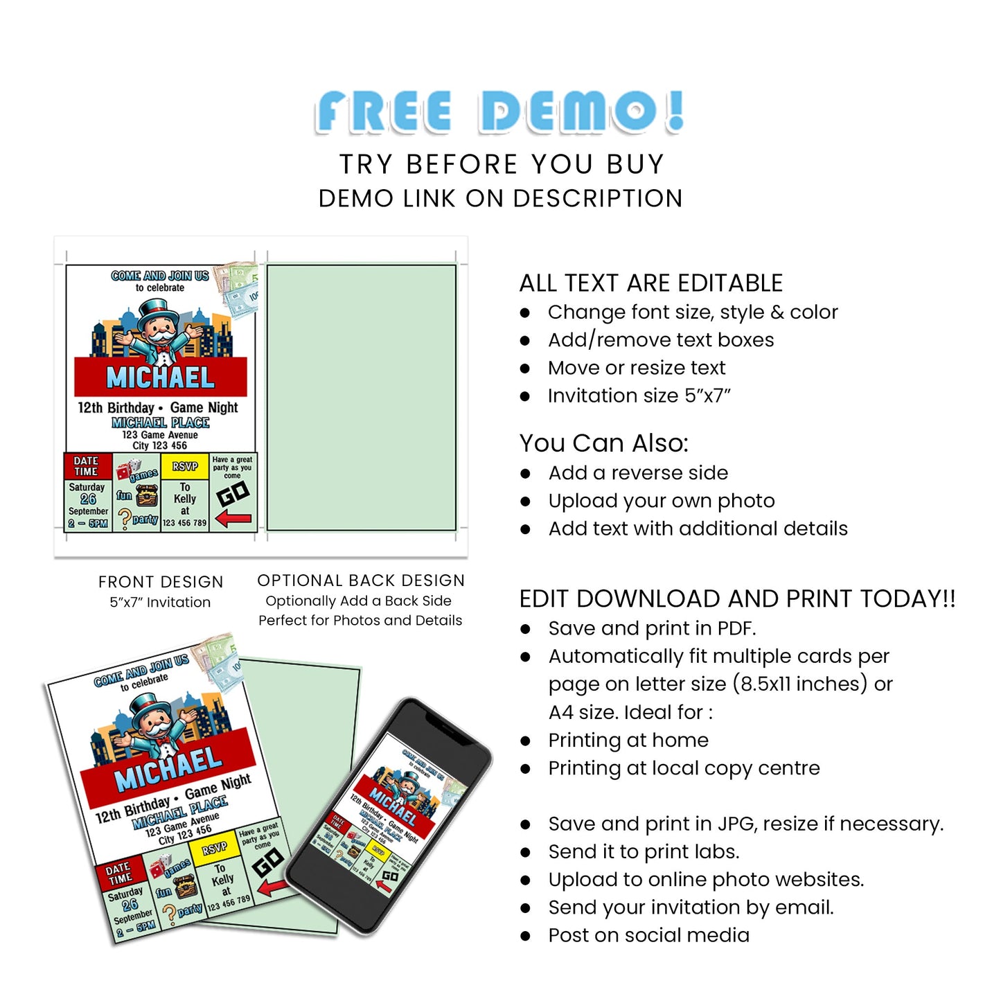 Personalized Birthday Card Invitations with Monopoly Board Game Theme