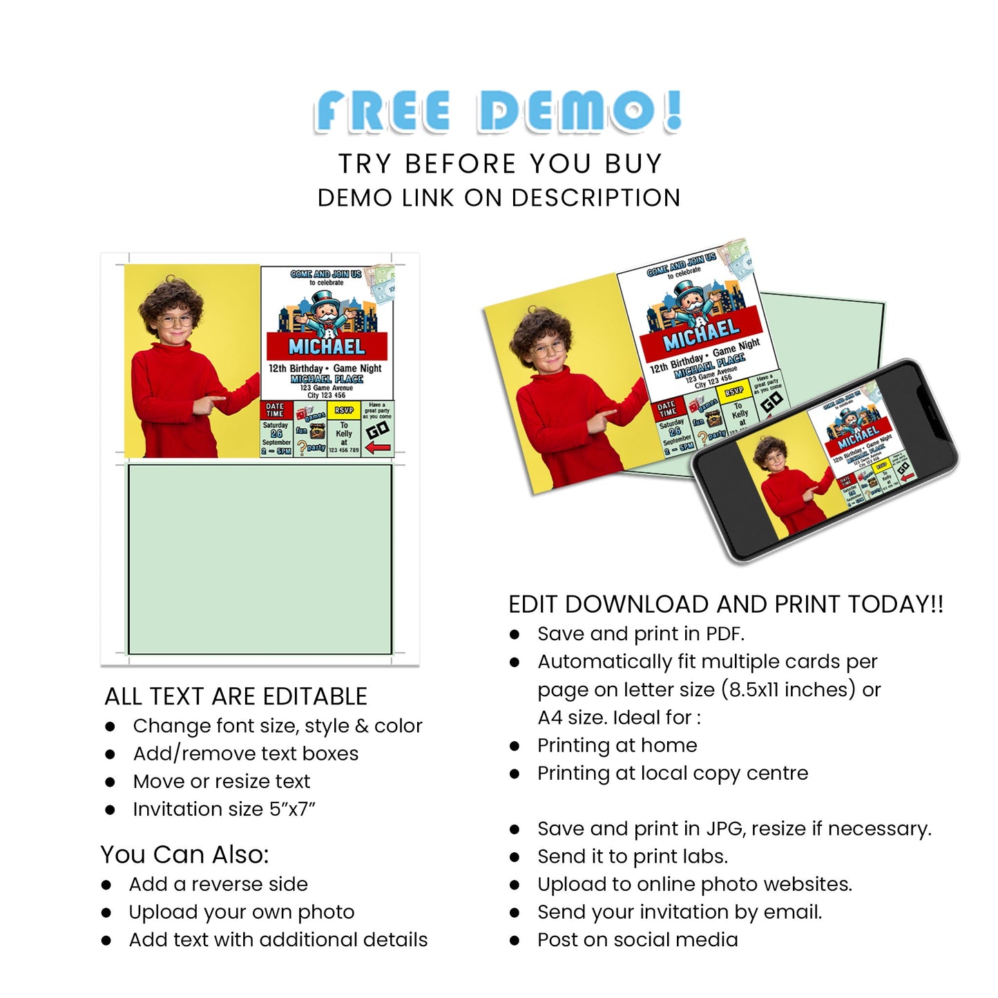 Photo Card Invitations Personalized with Monopoly Board Game Design