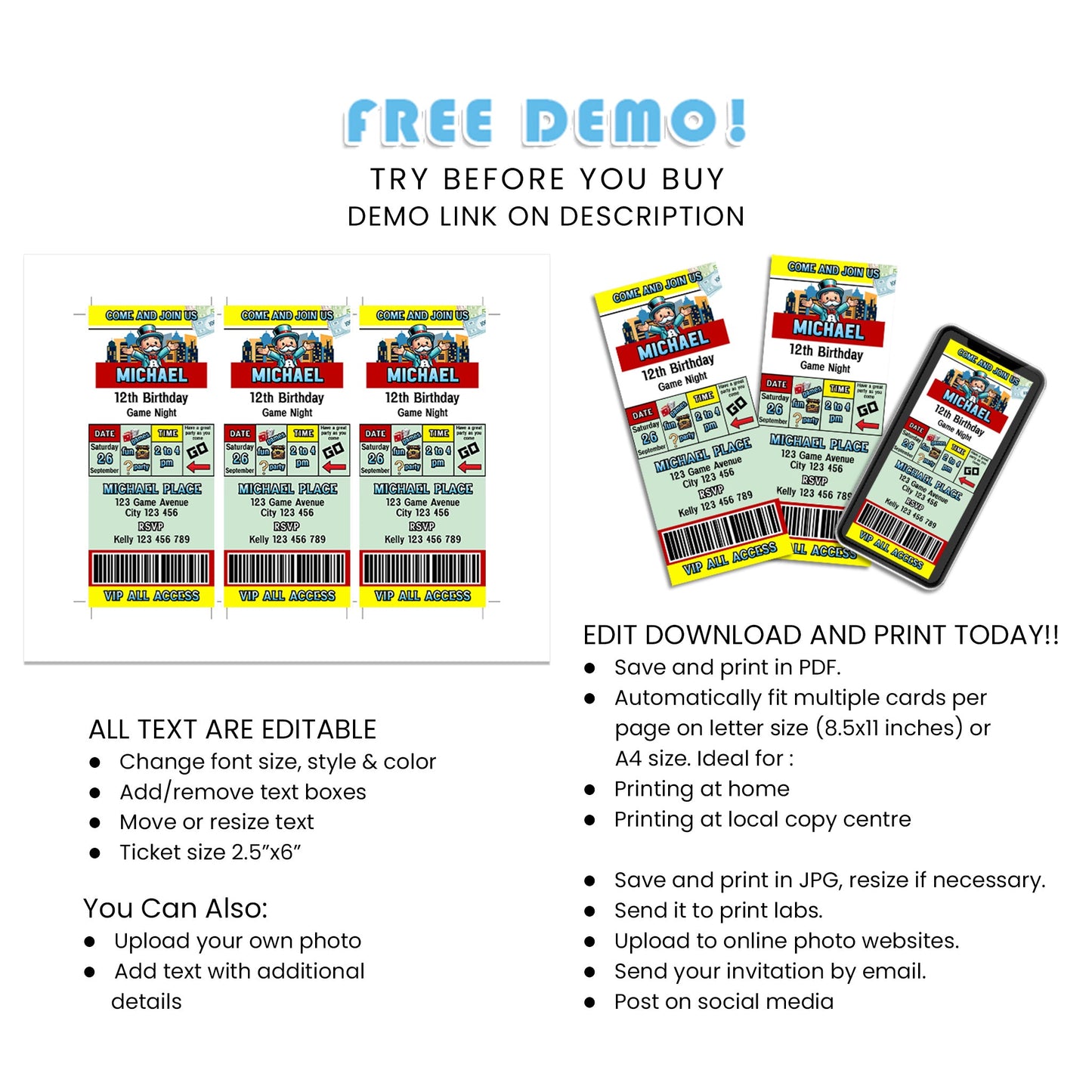 Birthday Ticket Invitations Personalized with Monopoly Board Game Theme