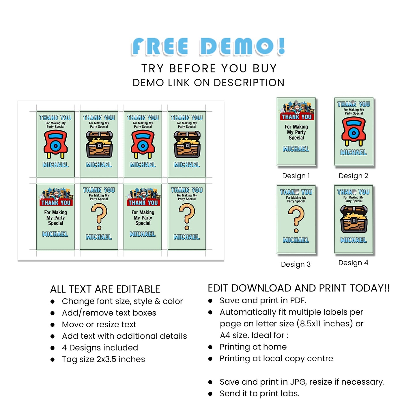 Monopoly Board Game Themed Favor Tags for Party Gifts