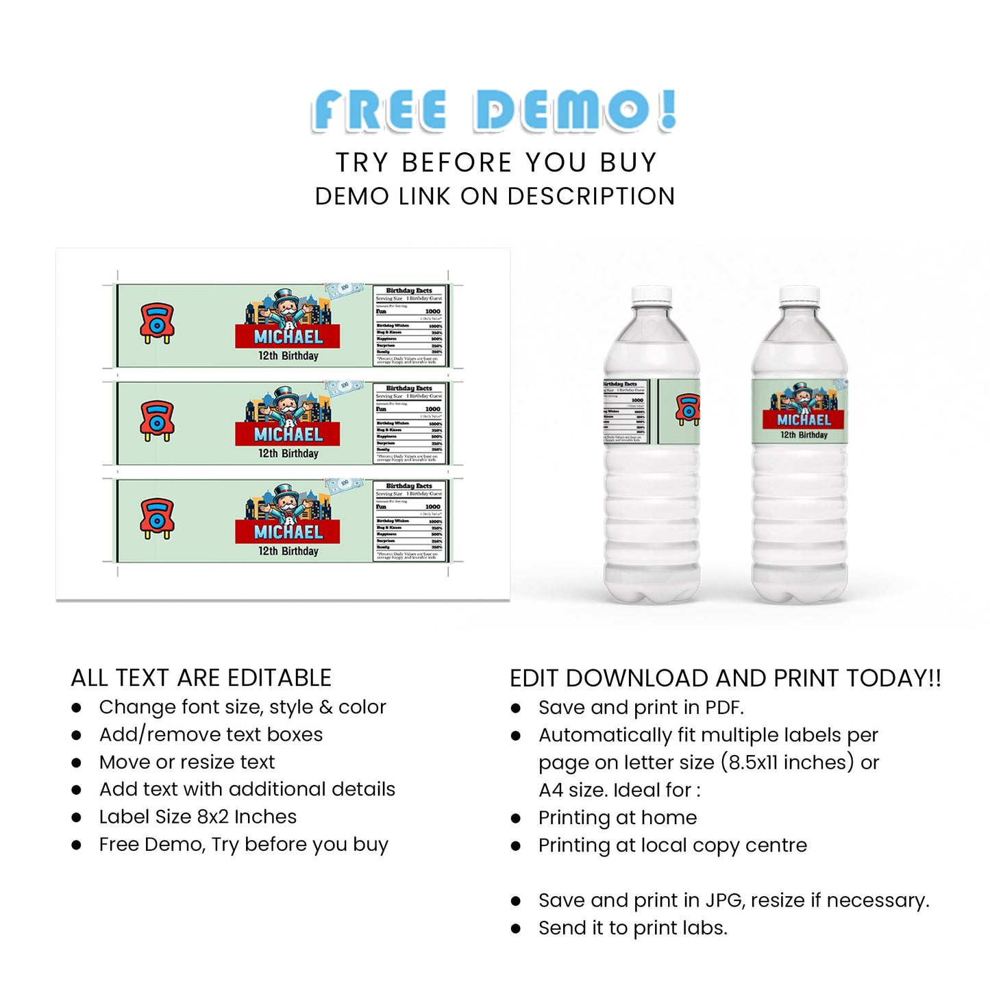 Monopoly Board Game Themed Water Bottle Labels for Parties