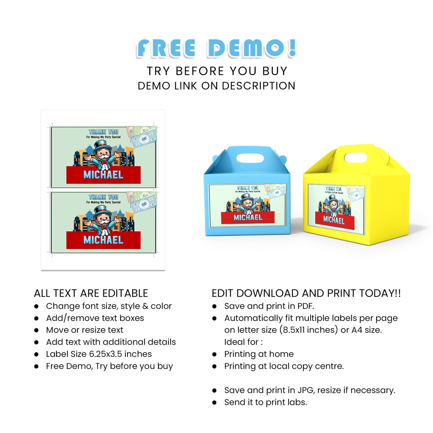 Treat Box Labels with Monopoly Board Game Theme for Party Favors