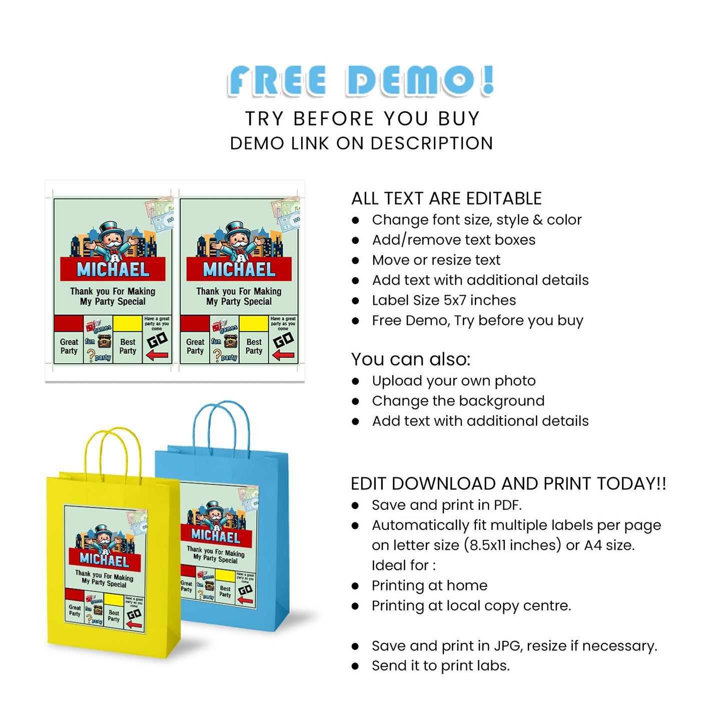 Goody Bag Labels with Monopoly Board Game Design for Party Gifts