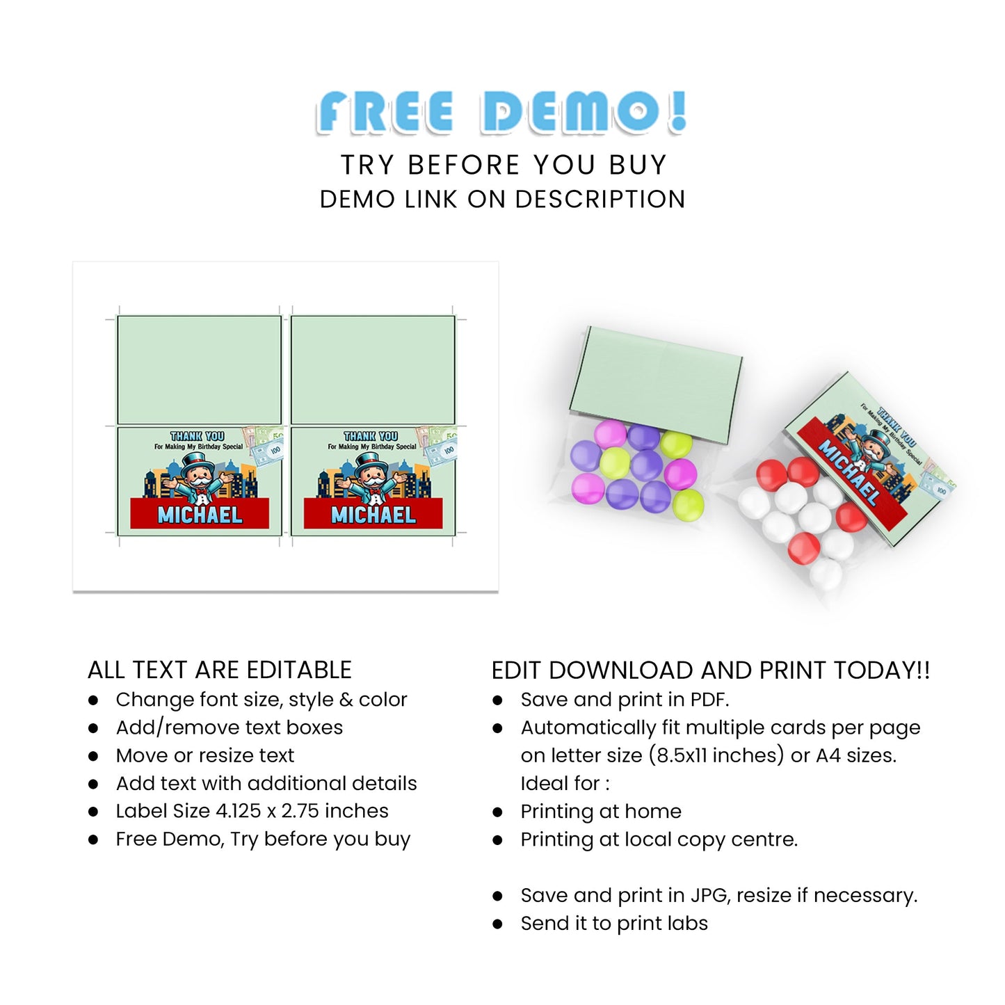 Treat Bag Topper Labels with Monopoly Board Game Theme for Parties