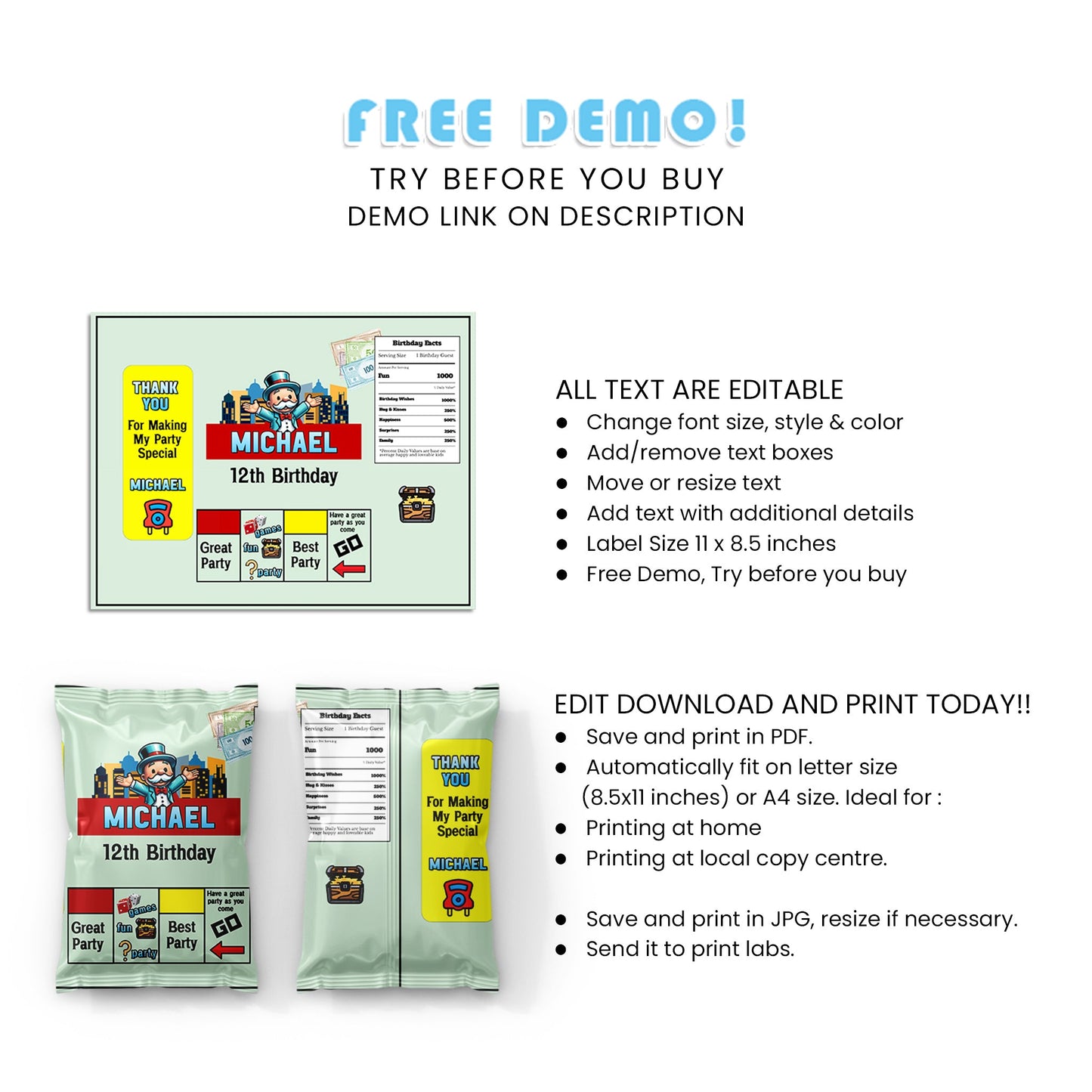 Chips Bag Labels with Monopoly Board Game Design for Party Snacks