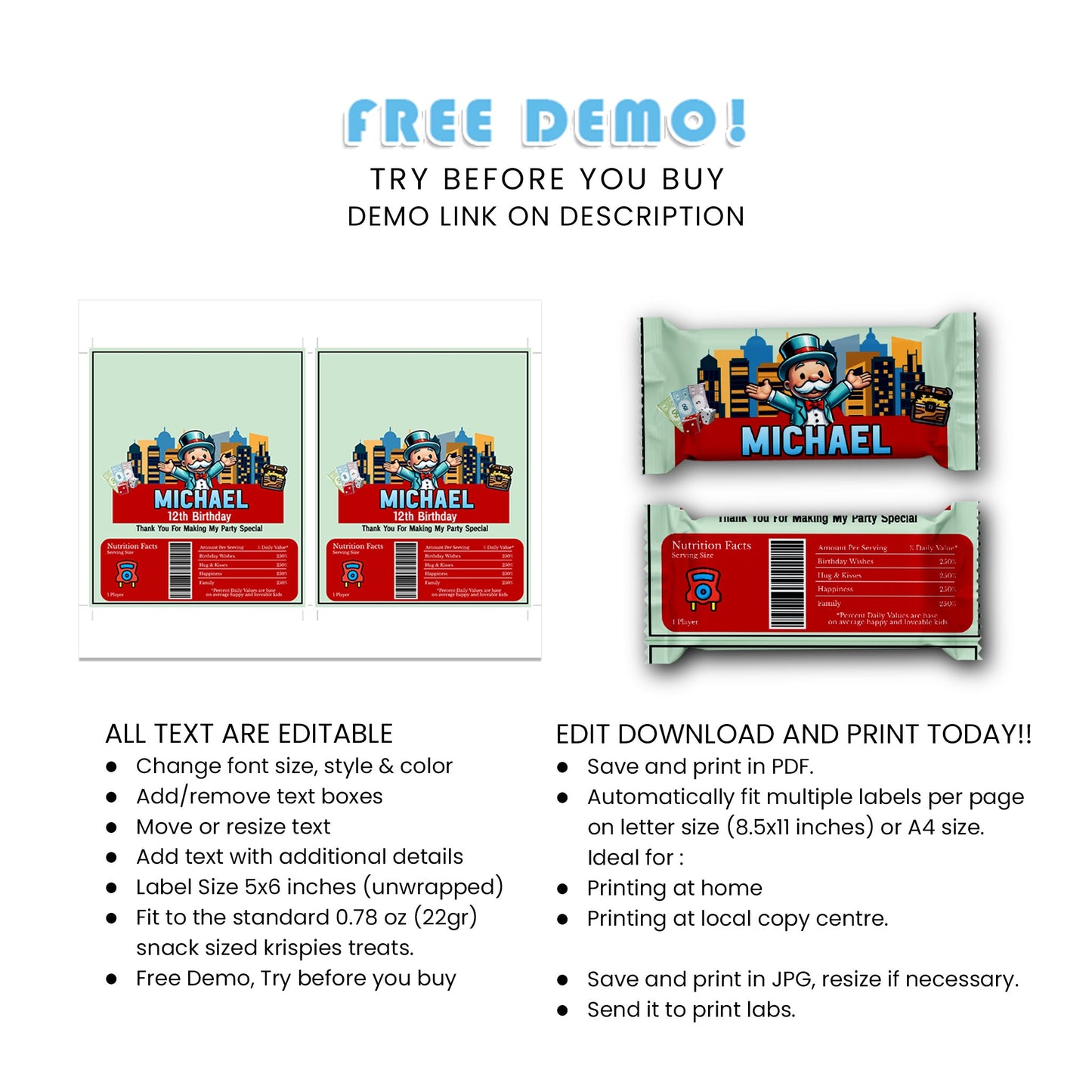 Rice Krispies Treats & Candy Bar Labels with Monopoly Board Game Design