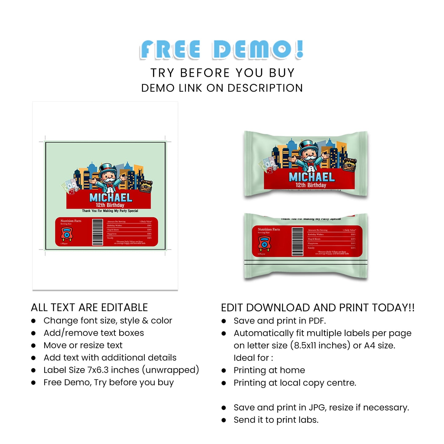 Skittles Labels with Monopoly Board Game Design for Colorful Party Treats