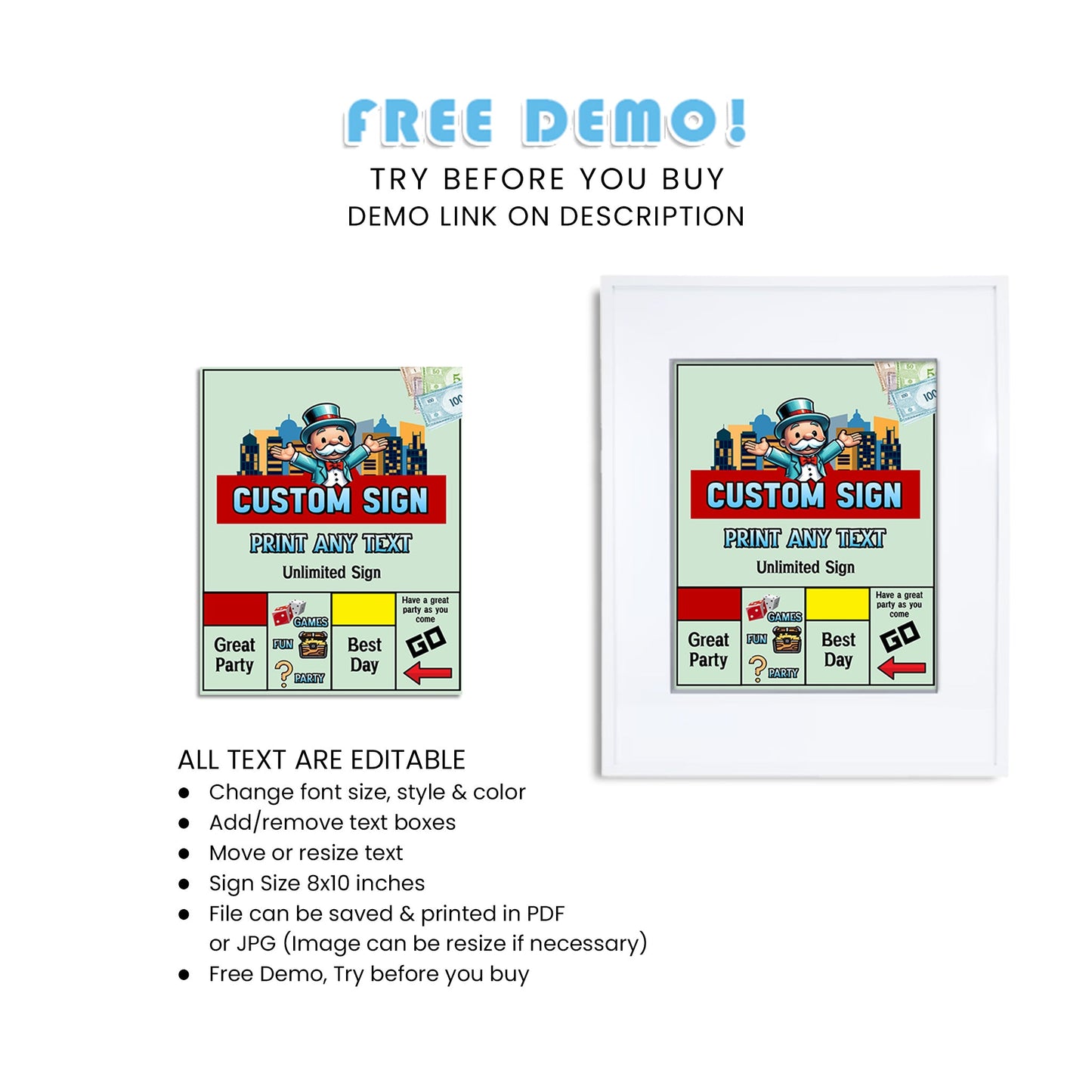 Custom Signs with Monopoly Board Game Theme for Party Decorations