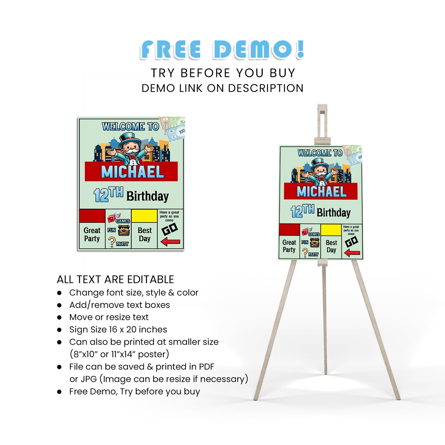 Welcome Signs with Monopoly Board Game Design for Party Entrances