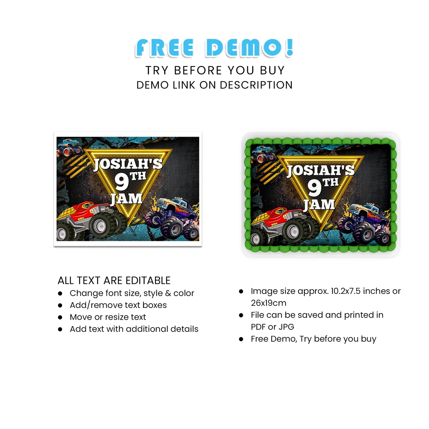 Monster Jam Sheet Cake Topper for Themed Cakes