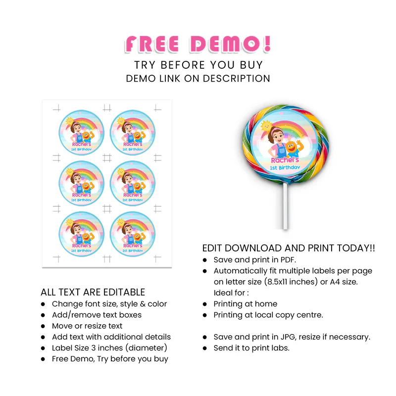 Ms Rachel Toddler Learning Lollipop Label Custom Party Favor
