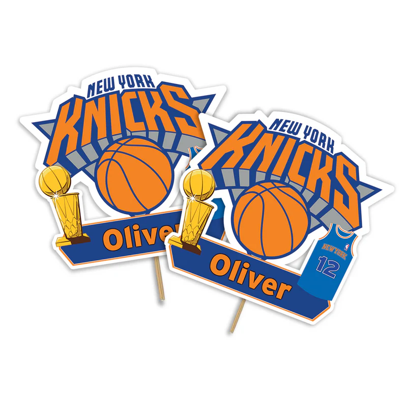 New York Knicks personalized cake toppers with team logo and custom name flat lay on dessert table