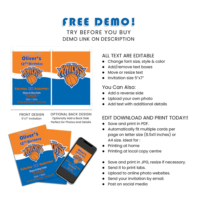 New York Knicks Birthday Card Invitations Printable Custom Design