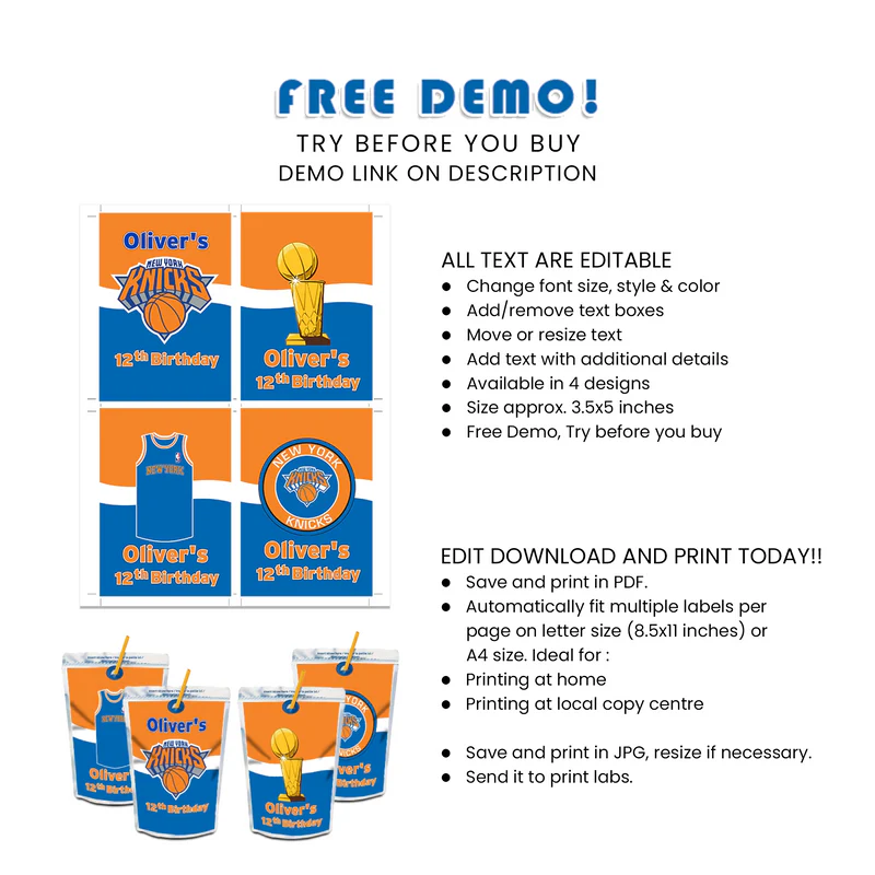 New York Knicks Juice Pouch Label Custom Drink Stickers for Kids Party