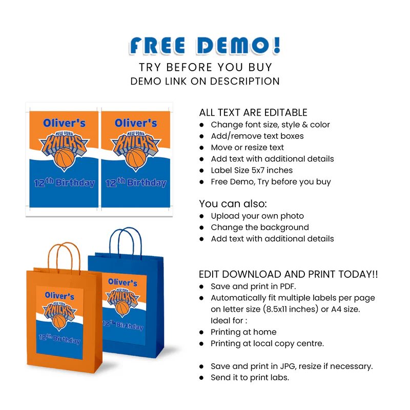New York Knicks Goodie Bag Label Custom Basketball Party Supplies