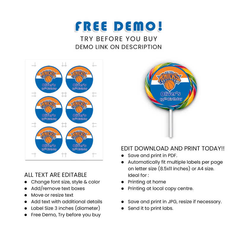 New York Knicks Lollipop Label Custom Basketball Party Favor Tags