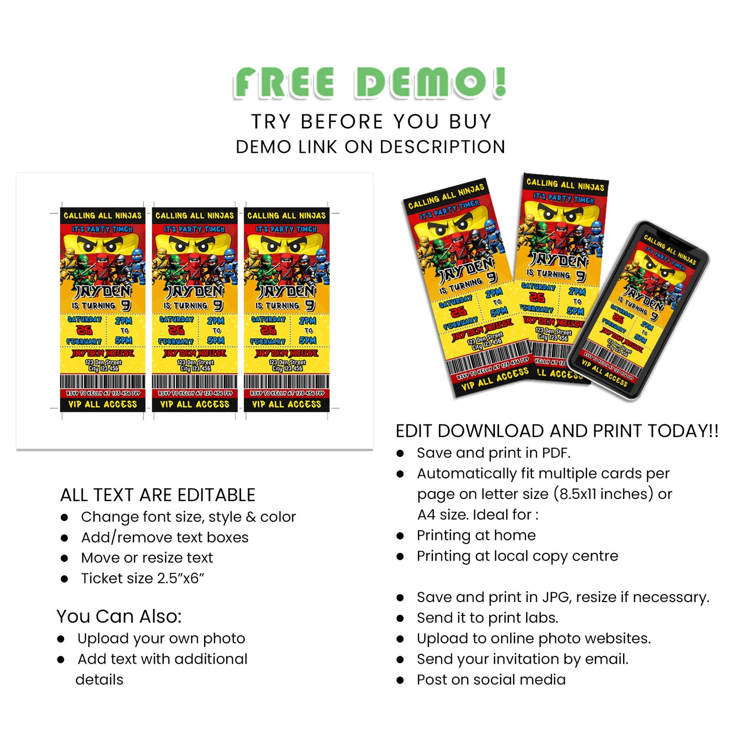 Impress Your Guests with Our Unique Ninja Figure Personalized Birthday Ticket Invitations