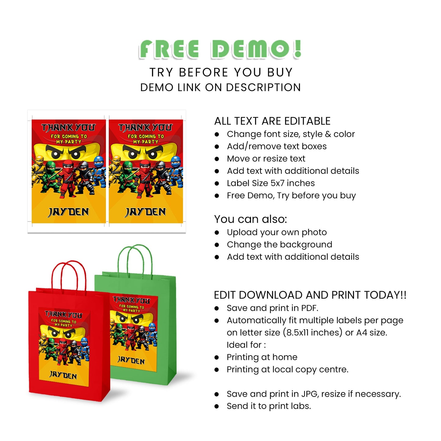 Surprise Your Guests with Our Ninja Figure Goody Bag Label - Perfect for Party Favors