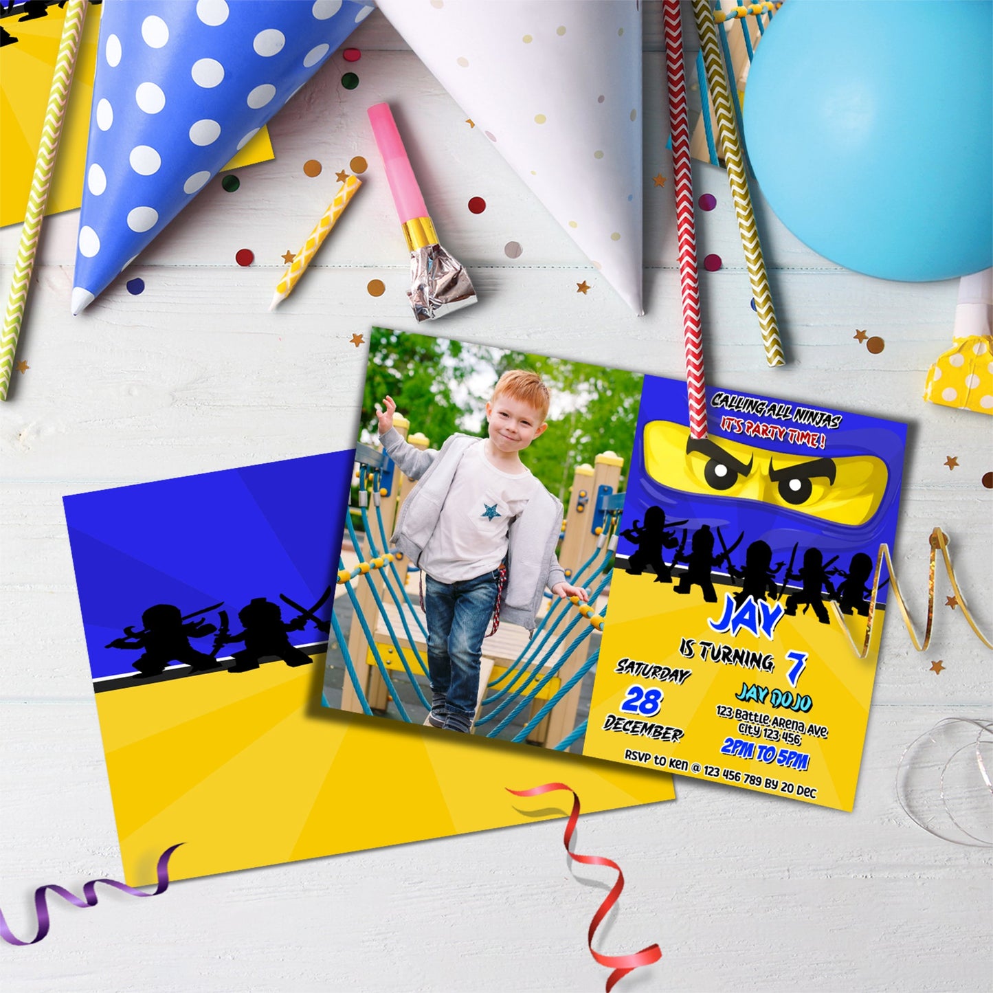 Ninjago Birthday Decorations, Lego Ninja Party Supplies, Ninjago Blue Themed, Ninja Lego Digital Template, Editable Ninjago Image SVG PNG