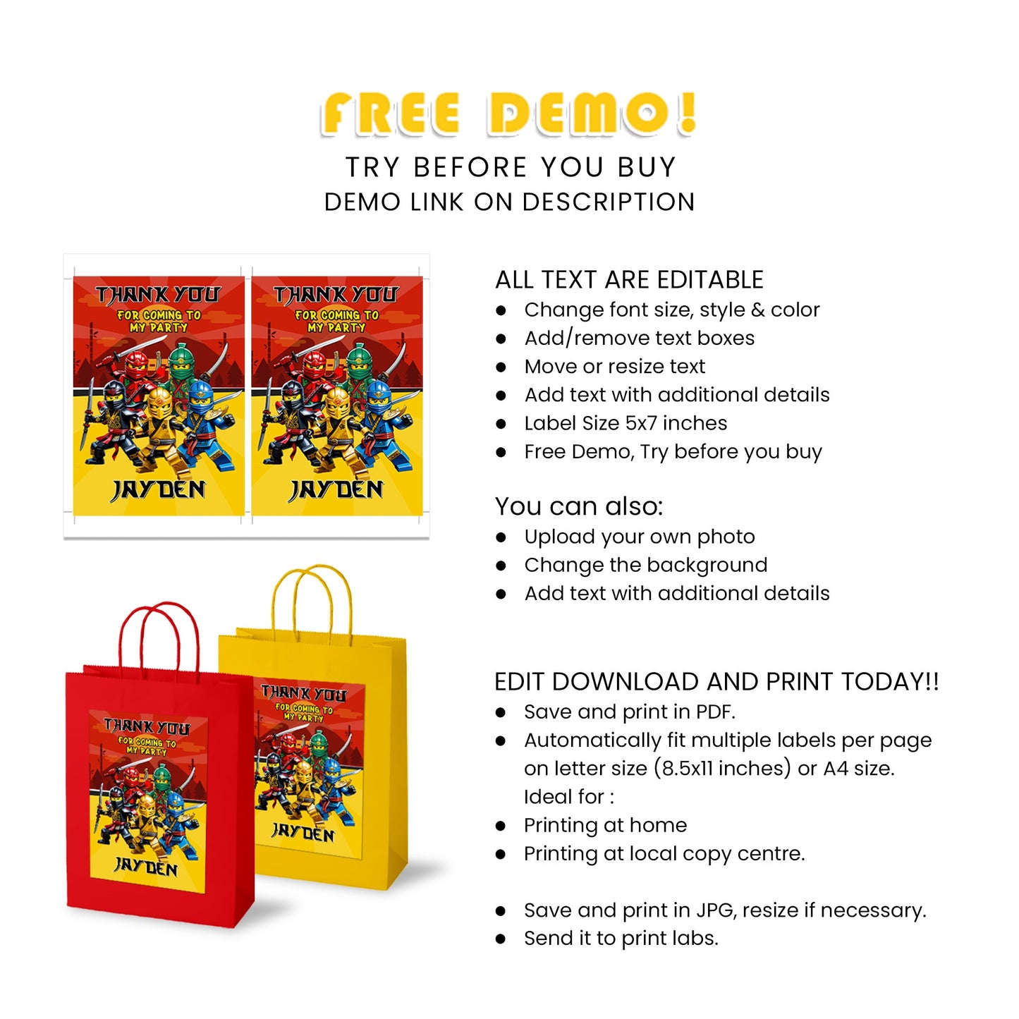 Surprise Your Guests with Our Ninjago Goody Bag Label - Perfect for Party Favors