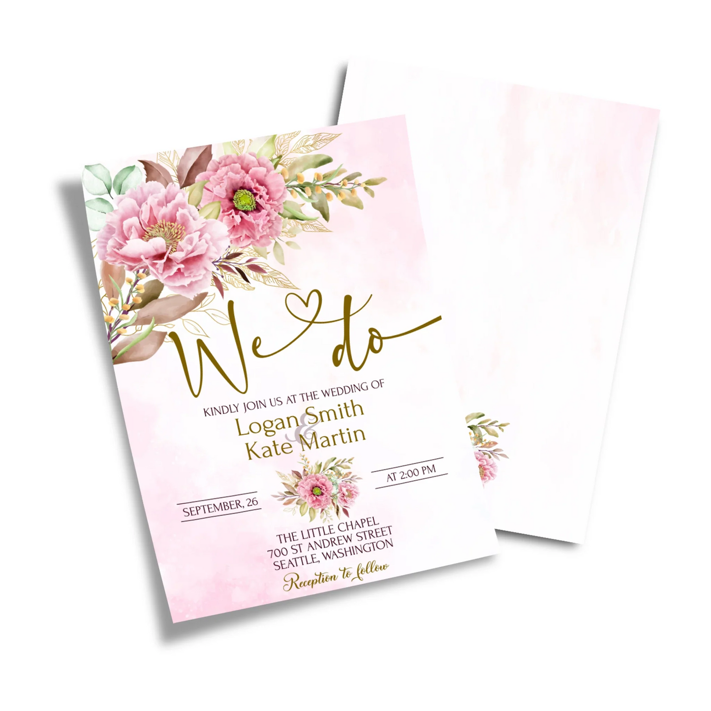 Pink Peony Printable DIY Wedding Invitations with Elegant Floral Design