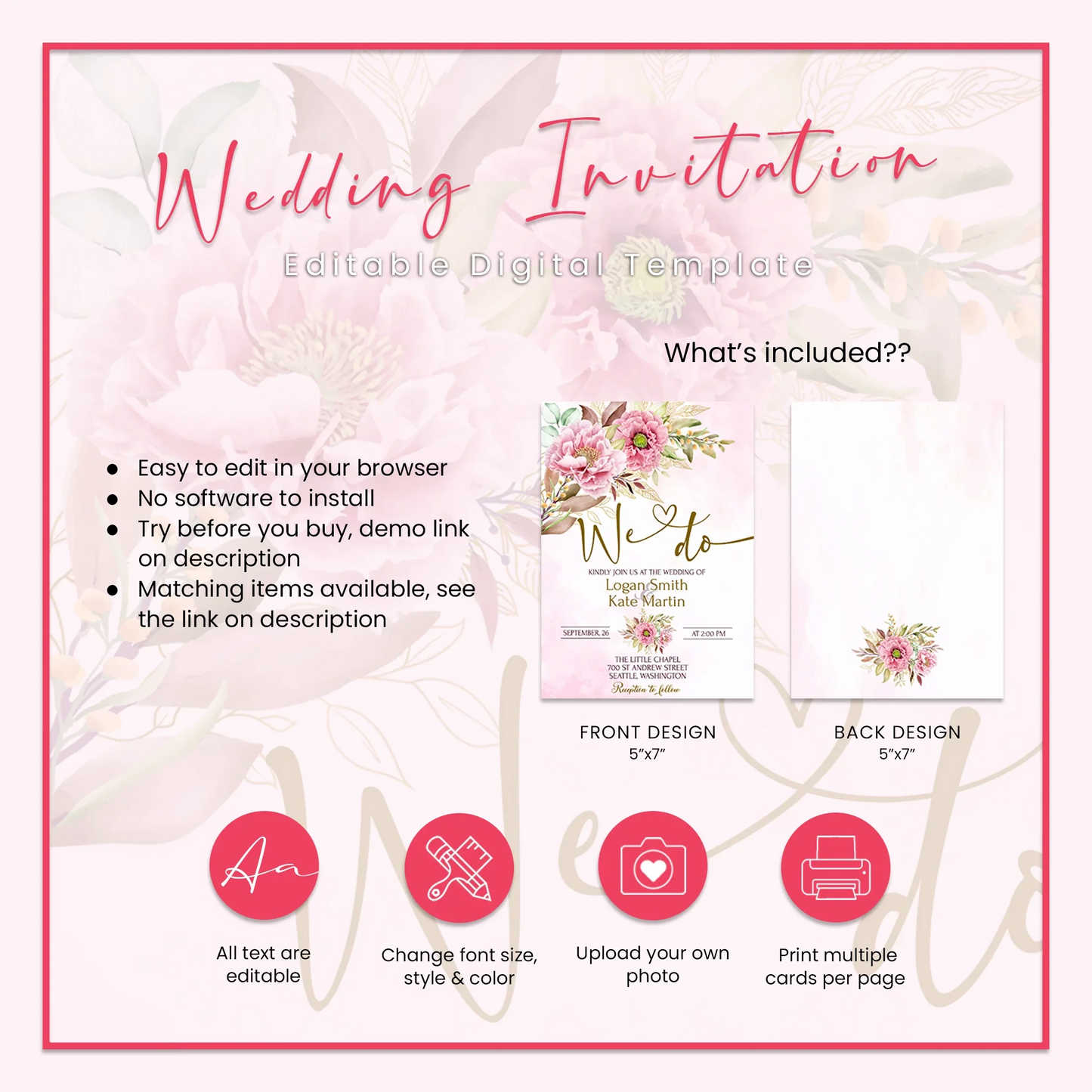 Pink Peony Personalized DIY Wedding Invitations