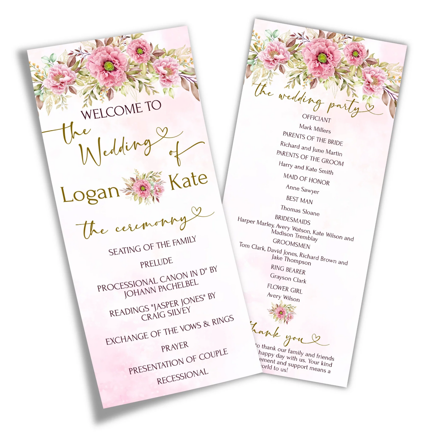 Pink Peony Printable Wedding Program Ceremony Guide with Pink Peony Theme