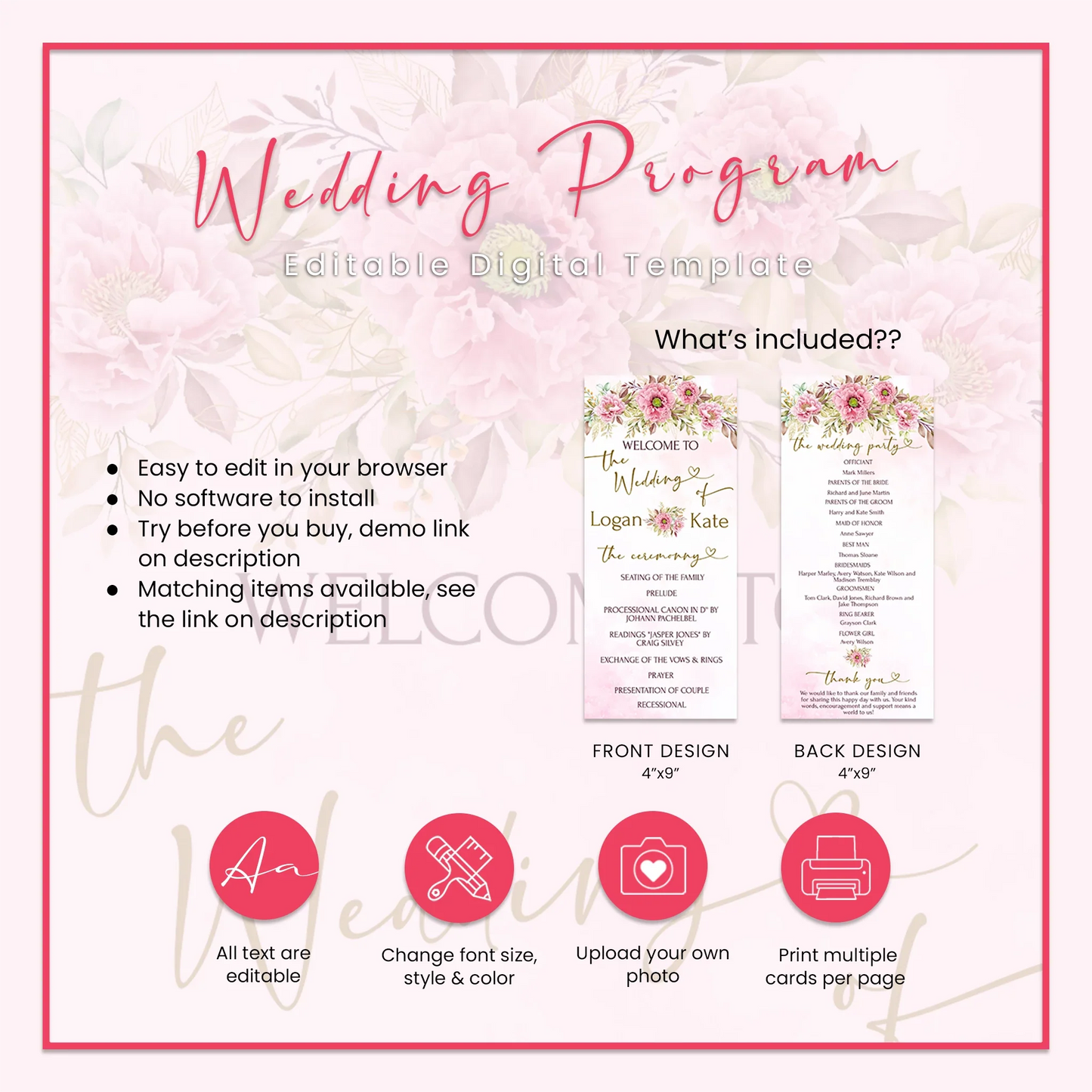 Pink Peony Personalized Wedding Program Ceremony
