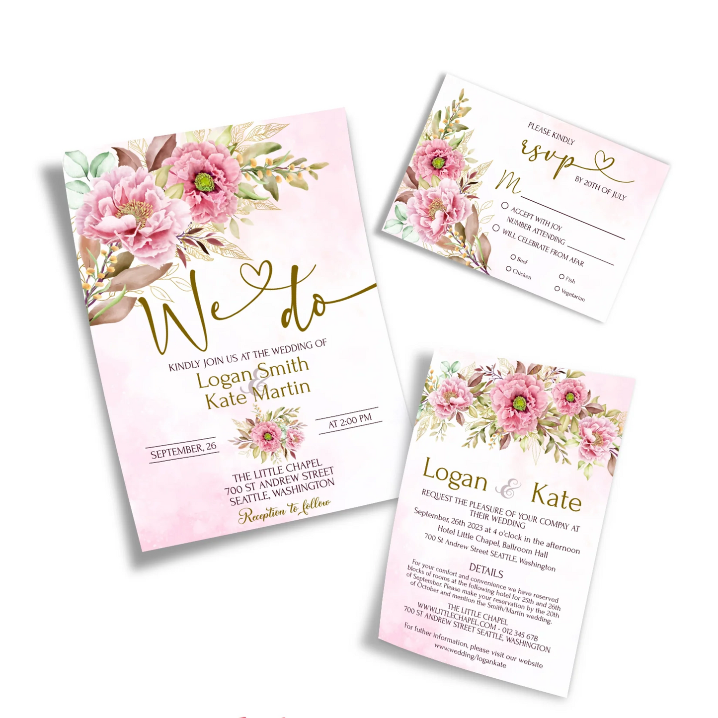 Pink Peony Printable Wedding Invite Set with RSVP and Detail Cards
