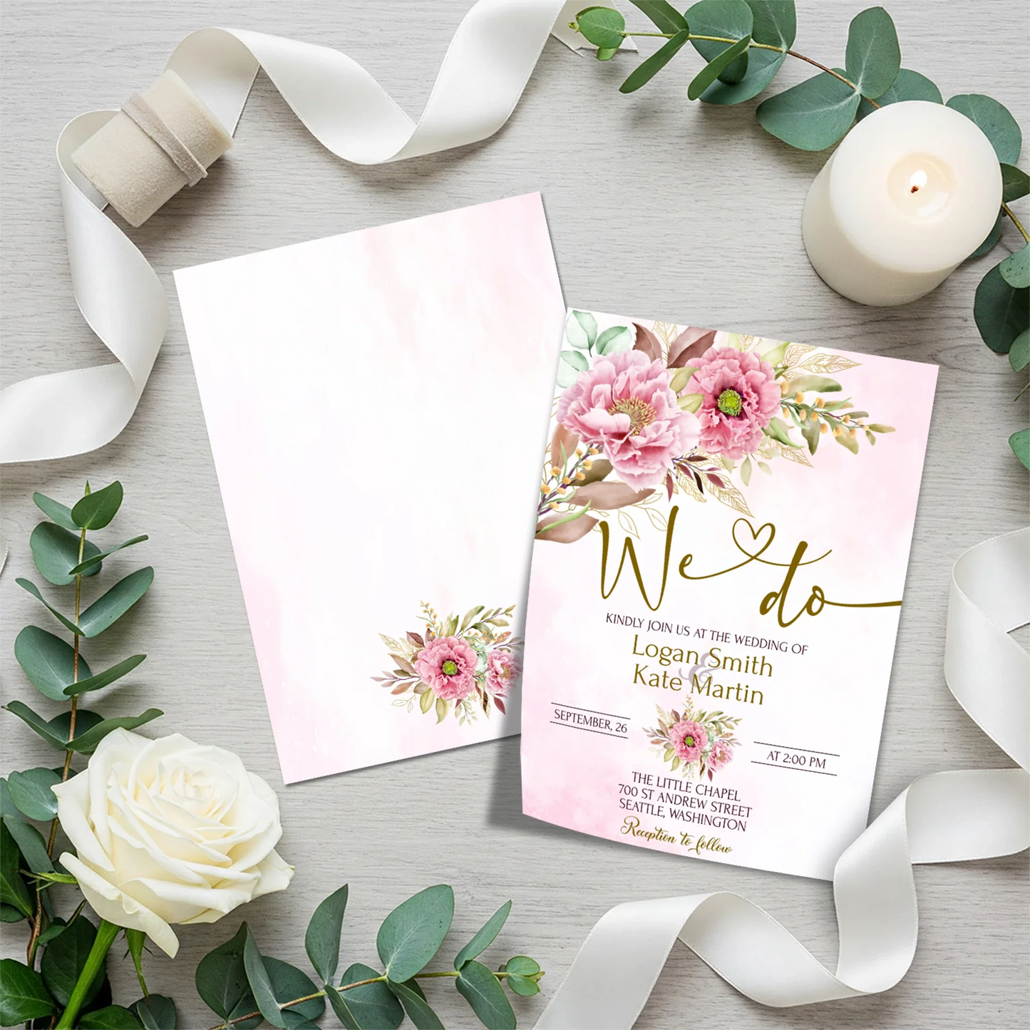 Pink Peony Personalized Wedding Invite Set