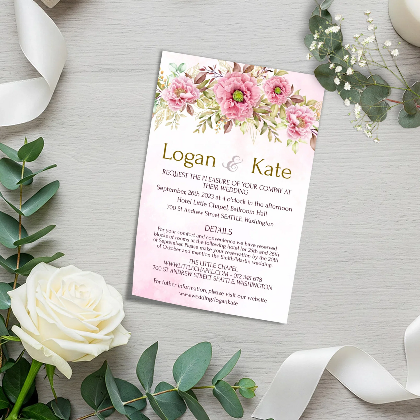 Pink Peony Personalized Wedding Invite Set
