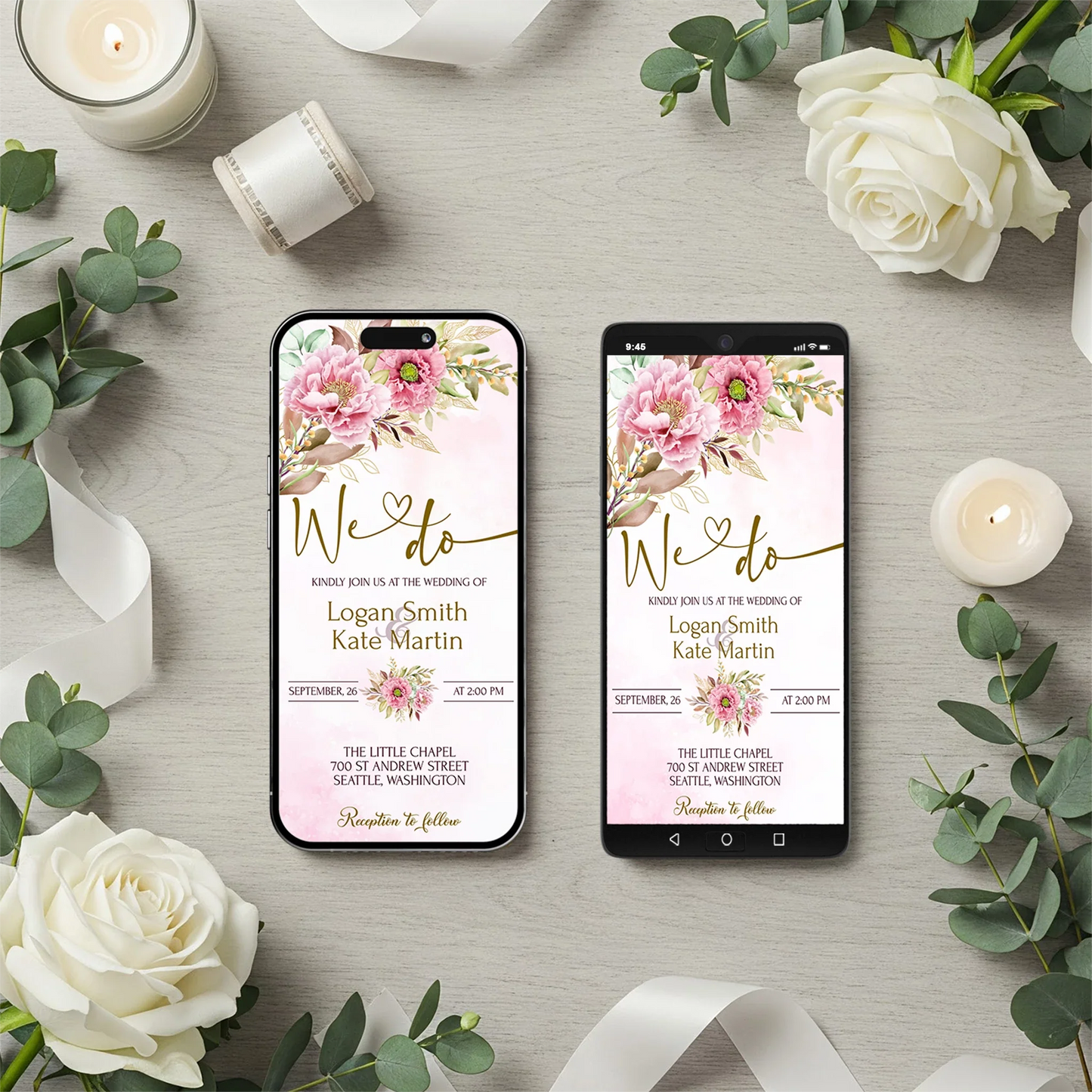 Peony DIY Wedding, Floral Wedding Party Supplies, Pink Peony Themed, Floral Digital Template, Editable Pink Peony Image SVG PNG
